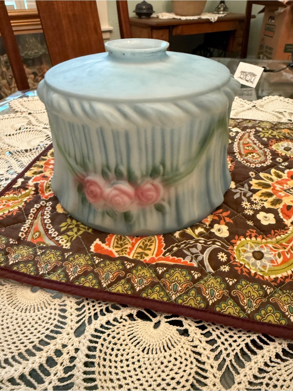 Antique  Blue Floral Glass Lamp Shade with Pink Roses